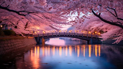Deurstickers 都会の夜桜,、満開の桜と川と橋の風景 © tota