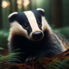 Cute badger in the forest, wildlife photography concept 