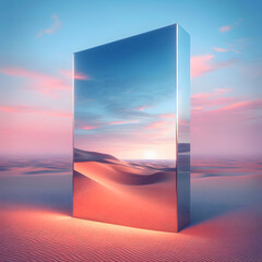 mirror monolith standing in the desert, rectangle shape mirror desert, light blue and pink sky, 3d renderd surreal, digital art, photorealistic ai genarated image