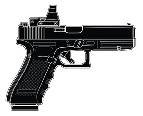 Vector illustration of the  automatic pistol with collimator on the white background. Black. Right side. - obrazy, fototapety, plakaty