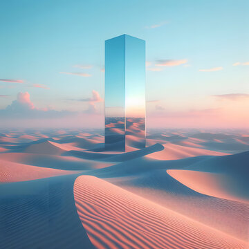 mirror monolith standing in the desert, rectangle shape mirror desert, light blue and pink sky, 3d renderd surreal, digital art, photorealistic ai genarated image