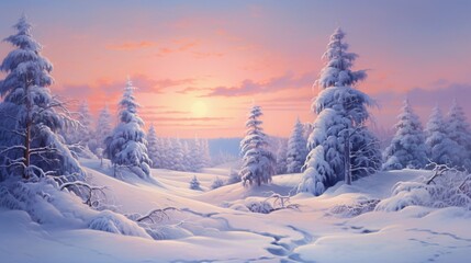 A serene winter landscape with snow-covered trees and a soft, pastel-colored sky at the break of...