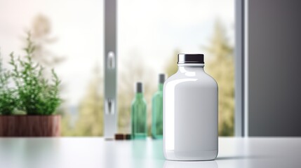 Blank white bottle with green plant backdrop