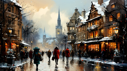 Digital painting of a winter scene in Gdansk, Poland.