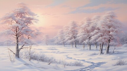 A serene winter landscape with snow-covered trees and a soft, pastel-colored sky, evoking a sense of tranquility.