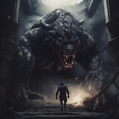 a man walking up a staircase to a giant monster