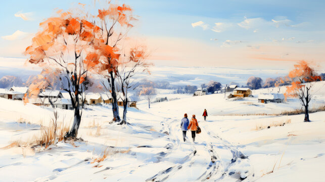 Winter landscape with family walking in the village. Colorful watercolor painting.
