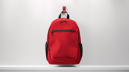 Red backpack hanging on hook against white wall