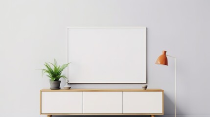 Blank white canvas on sideboard in contemporary room