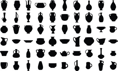 Set of pottery and vases silhouettes , Black pot isolated vector illustrations on white background
 - obrazy, fototapety, plakaty