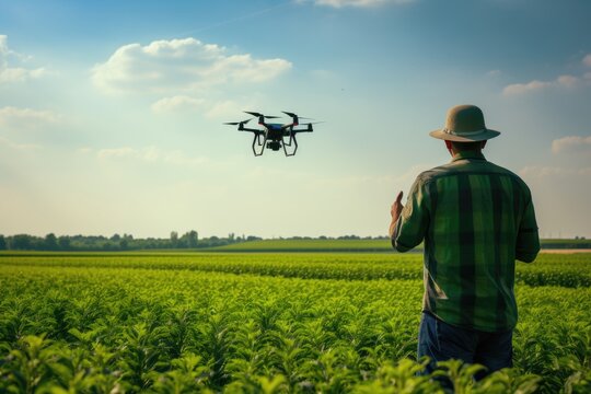 A photo of a farmer piloting a drone to survey and fertilize crops.