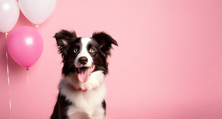 Cute doggy on pink pastel background with red and white balloons and empty copy space with mock up. Layout for greeting card.