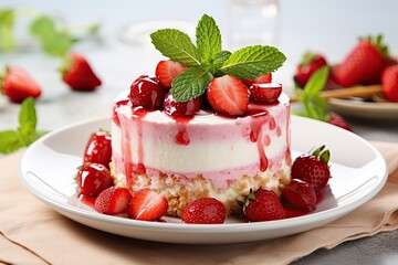 strawberry cheesecake on a plate placed on the kitchen table