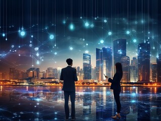 businessman and businesswoman are standing holding a tablet with smart city background and telecommunication concept