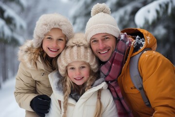 Fototapeta premium Family photo in winter clothes against a snowy backdrop