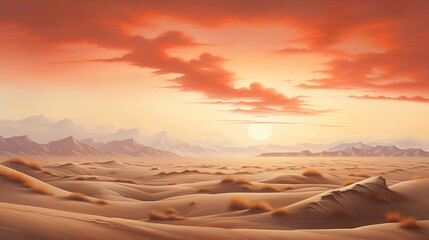 A surreal desert landscape with towering sand dunes and a vivid sunset painting the sky with warm tones.