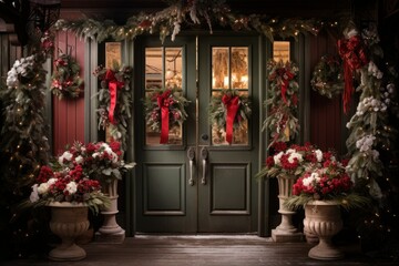 Fototapeta na wymiar Christmas Decorated Doors - Generative AI