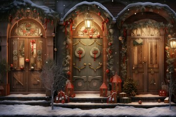 Christmas Decorated Doors - Generative AI - obrazy, fototapety, plakaty