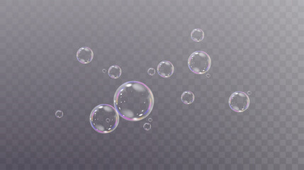 Realistic soap vector bubbles png isolated on transparent background. The effect of falling and flying bubbles. Glass bubble effect.	
