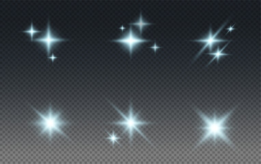Set of realistic vector white stars png. Set of vector suns png. White flares with highlights.	
