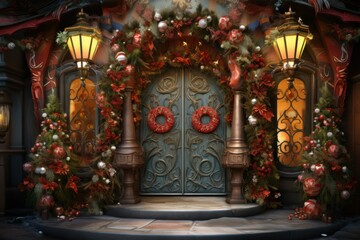 Fototapeta premium Christmas Decorated Doors - Generative AI