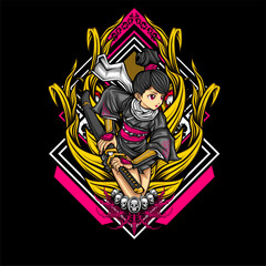 samurai girl illustration for t shirt design