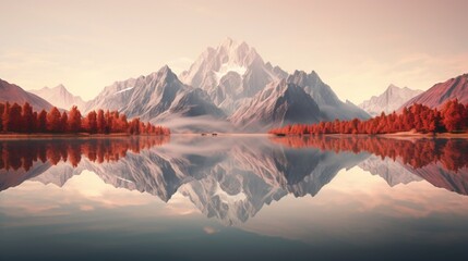A symmetrical reflection of a mountain range on a tranquil lake, creating a stunning and harmonious landscape.