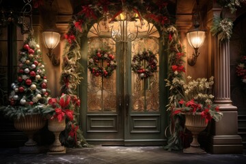 Fototapeta premium Christmas Decorated Doors - Generative AI