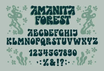 Fototapeten Modern groovy 60s style font. Psychedelic mushroom themed boho typeset. Creative unique hand drawn letters. Hippie style alphabet. For print, poster, banners, web, fashion purposes. © Olga