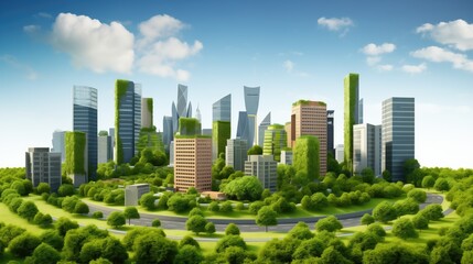 Fototapeta premium Modern city skyline with green rooftops, vertical gardens, and energy-efficient buildings. Pedestrians and cyclists on well-designed pathways, with accessible routes. Integration of nature