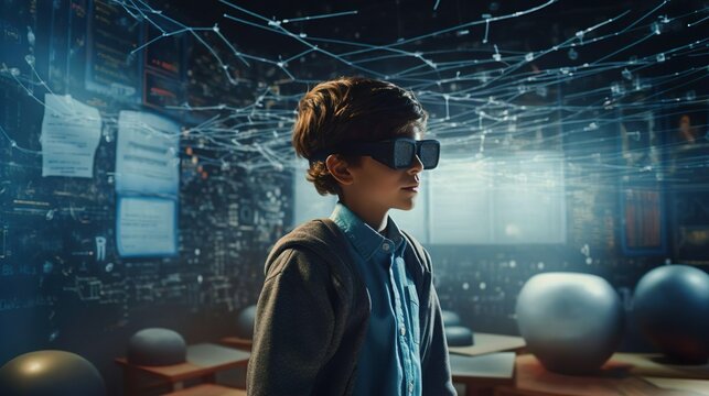 Smart curious school boy kid pupil with VR glasses googles studying the neural connections of the brain in a classroom at school. Simulation science. Virtual reality metaverse technology concept