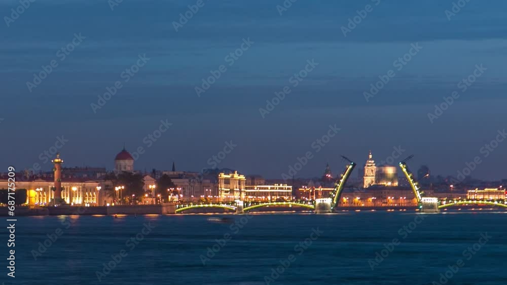 Wall mural timelapse from trinity bridge: night view of birzhevoy bridge opened, revealing the old stock exchan