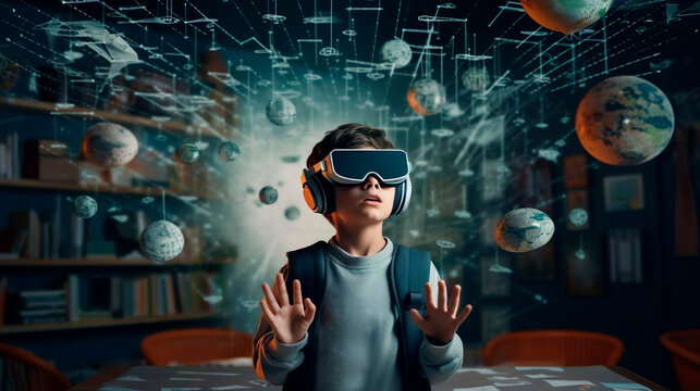 Surprised schoolboy boy pupil with VR glasses studying at classroom. Simulation science. Student uses a virtual reality headset to study. Futuristic lifestyle learning astronomy and planets. Virtual
