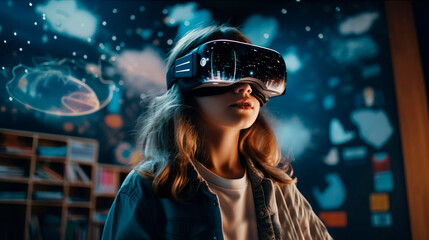 Portrait of a smart curious schoolgirl pupil with VR glasses googles studying the contemporary art and paintings in the museum. Simulation science. Student uses a virtual reality headset to study. - obrazy, fototapety, plakaty