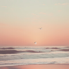a minimalist seascape with a gentle wave and seagulls in the distance.