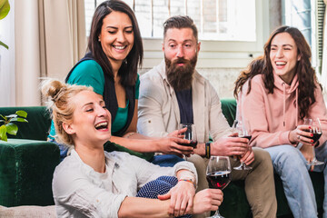 Playful scene of friends at home laughing and joking