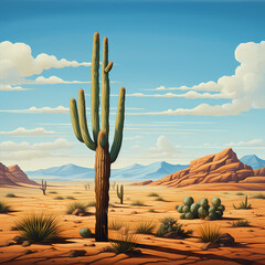 a simple desert landscape with a lone cactus and a clear sky.