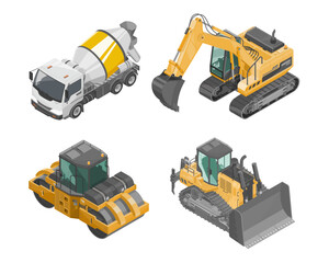 Construction vehicle Double Drum tractor excavato Bulldozer quarry backhoe heavy machine work machinery isometric isolated cartoon vector © AllahFoto