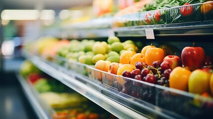 Close up view on shelves full of fruits in supermarket, view on shelves with fruits
