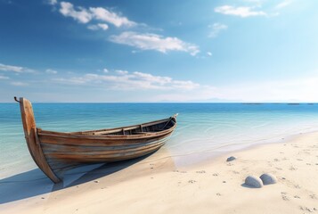 Fototapeta na wymiar beach with bright blue sky and on a wooden boat. generative ai