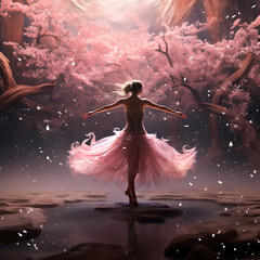 a surreal ballet featuring cosmic influences, abstract sakura elements in a dreamscape with mirage-like distortions