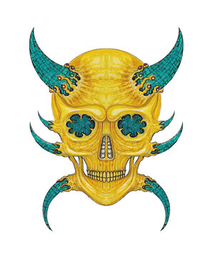 Demon skull surrealist  turquoise set with gold design by hand drawing.