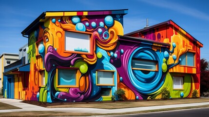 A vibrant street art mural captured in a unique perspective, showcasing the bold colors and creativity of urban expression.