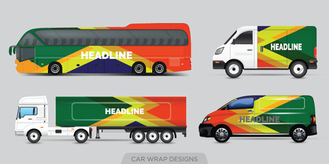Vector car branding template design set of Coach Promo tour Bus, Cargo Van, and Commercial Car isolated on grey. Abstract hi-tech technology geometric elements for Brand identity and Advertising