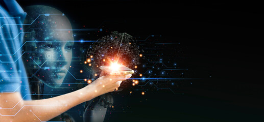 Ai tech, businessman show virtual graphic Global Internet connect  with AI, Artificial...