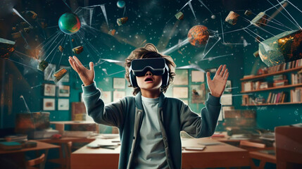 Surprised schoolboy boy pupil with VR glasses studying at classroom. Simulation science. Student...