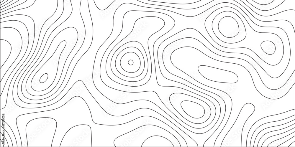 Poster Ocean topographic line map with curvy wave isolines vector illustration. Abstract topographic contours map background, Vector contour topographic map. Cartography texture abstract banner use..