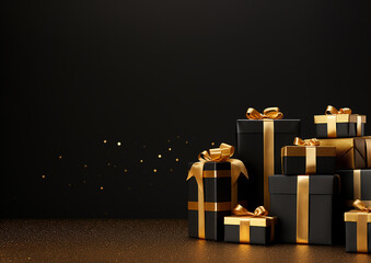 Black and gold gift boxes on the gold color floor. Gold ribbon and black gift box. Black Friday...