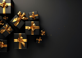 Top view of the black and gold gift boxes. Gold ribbon and black gift box. Black Friday discount offer.  New year, birthday. AI generated image.