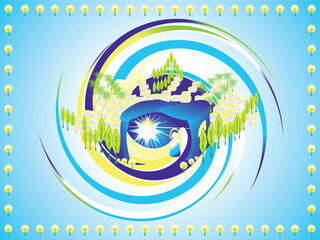 Biblical Annunciation of the Lord scene with Mary Angel with light in house in Nazareth city - abstract illustration with vortex, flowers and trees.